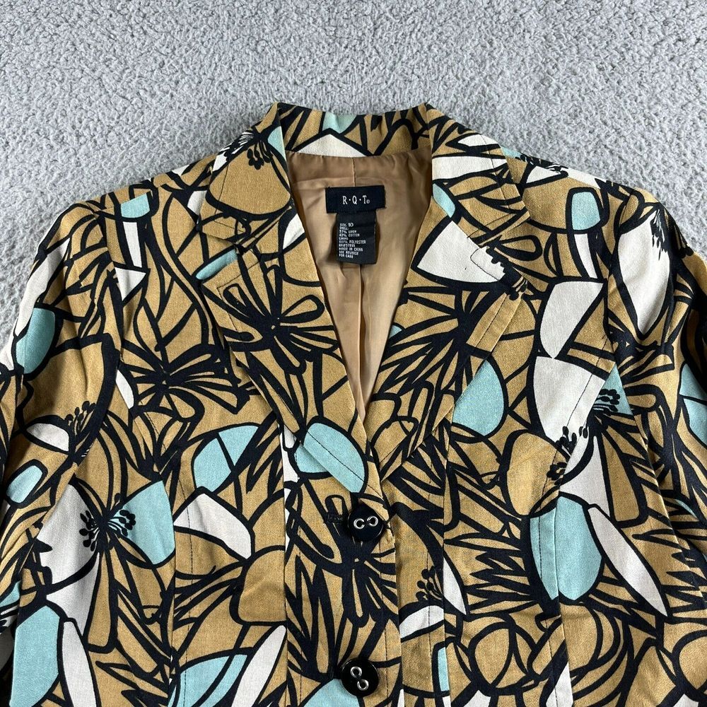NEW RQT Jacket Womens 10 Brown Blue Floral Blazer Linen Blend Boho Hippie Career